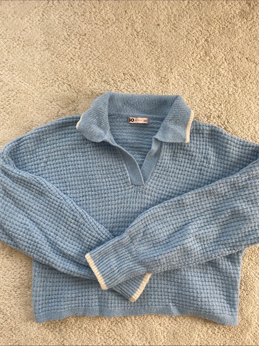 SO Light Blue V-Neck Waffle Knit Sweater with White Trim